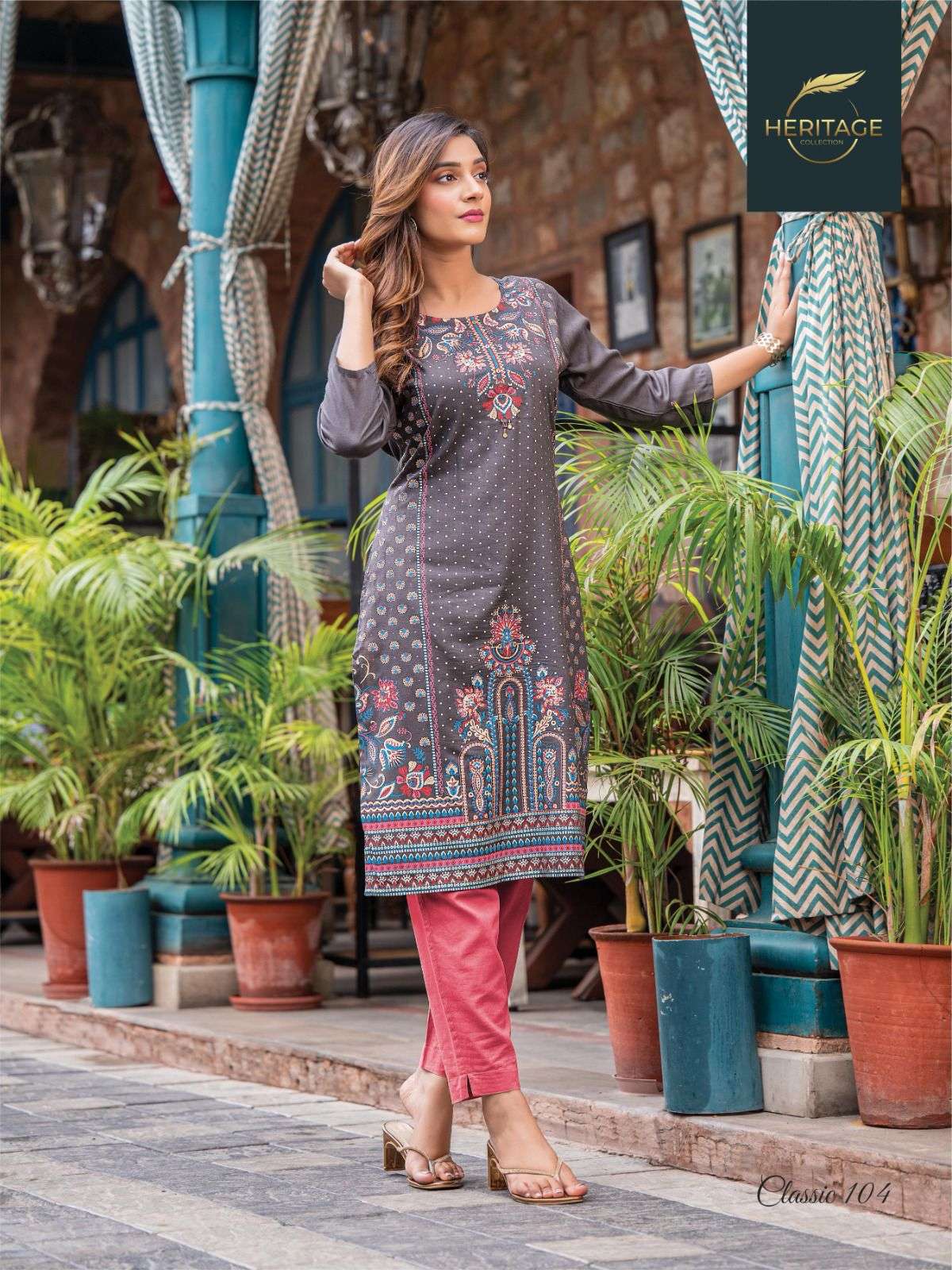 CLASSIC BY RAYON SLUB PRINT WITH HANDWORK DESIGNER KURTI BY HERITAGE COLLECTION BRAND 103